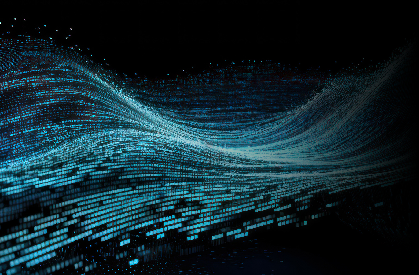 A dark background with glowing blue pixelated waves, representing a flow of digital information